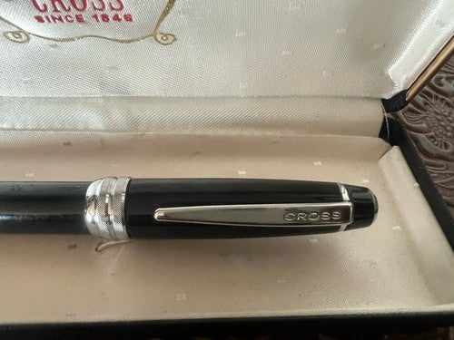 🔴 CROSS penna sfera lacca nera profili cromati scrive con astuccio F