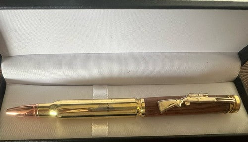🔴 Penna sfera fucile RAIN HUNTER metallo e legno con bossolo scrive vintage