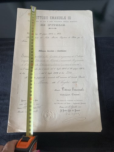 Certificat D'Honneur Vittorio Emanuele III Titre Comptable Finance 1908