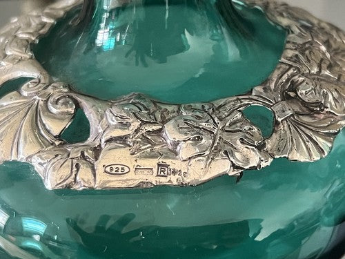 🔴 Vasi ampolle ARGENTO 925 e VETRO verde da essenze ed olio con ricamo