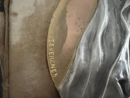 🔴 DESVERGNES Madonna medaglione metallo cesellato RILIEVO base di pelle vintage