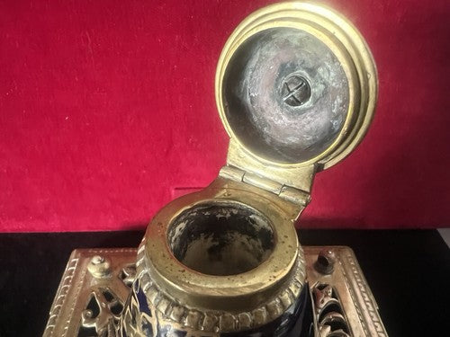 🔴 Calamaio scrivania ceramica blu e ottone traforato dipinto con ORO ZECCHINO