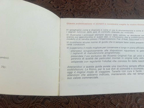 Fiat Ritmo Livret Voiture Utilisation Entretien Italien Original Vintage