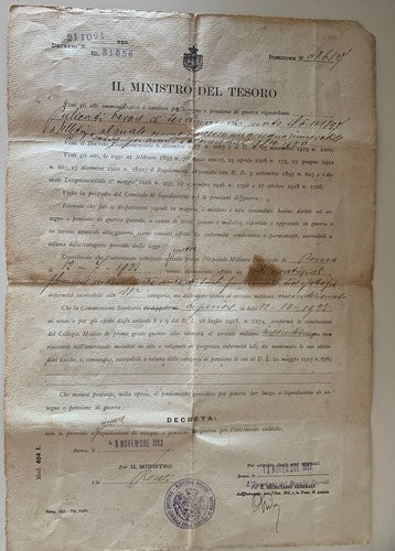 🔴 DECRETO negazione di assegno o pensione di guerra MINISTERO DEL TESORO 1923