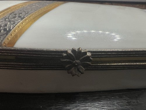Porcelaine Limoges Porte- Plumes Or Et Platine Stylo-Plume Trousse Boîte