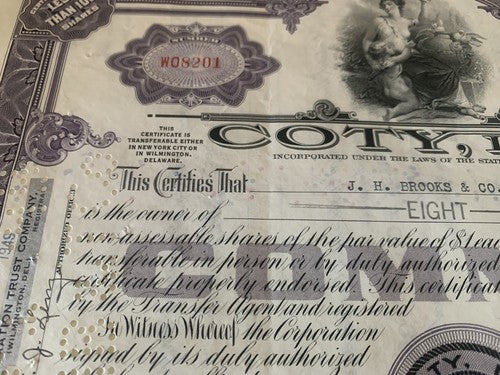 Antique Titre, Action 8 Actions New York City Coty Inc, Wilmington Trust 1948 