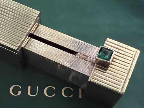 🔴 GUCCI gold laminated lipstick holder with EMERALD stone antique from 1930 RARE 
