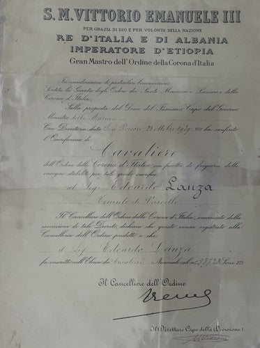 Vittorio Emanuele III Certificat Cavaliere Gran Maestro Ordre Couronne Italie