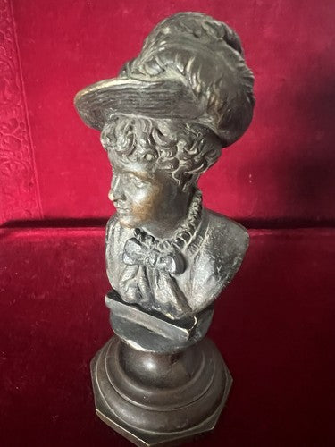 🔴 DONNA statua bronzo cera fusa scultura busto dama con cappello L 6 h 14 cm