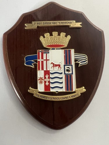 🔴 Wappen des 7. NBC-Regiments Cremona, Schild aus Holz, Metall, Emaille, Höhe 15 