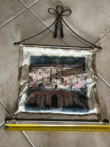 🔴 Quadro PANNELLO TESSUTO con supporti di metallo a bandiera L 40 cm vintage