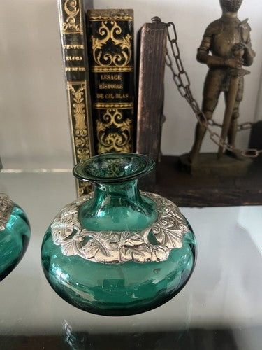 🔴 Vasi ampolle ARGENTO 925 e VETRO verde da essenze ed olio con ricamo