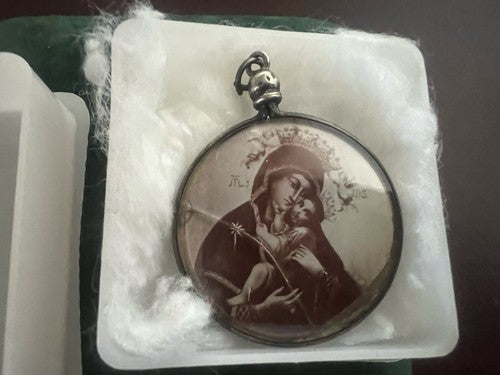 🔴 Ciondolo MADONNA CON BAMBINO santini ARGENTO 800 olografia su carta vintage