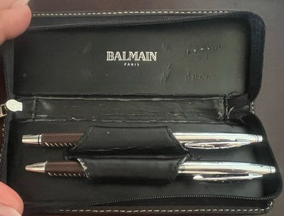 Balmain Set Stift Kugel Und Roller Leder Gold-Finish Hand Brown Chrom Vintage 