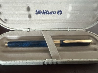🔴 PELIKAN penna sfera Celebry lacca blu marmorizzata profili dorati vintage