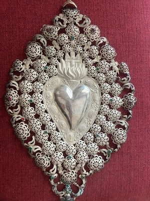 Ex Voto Corazón PLATA 800 Cm32 Altura 48 Diseño Barroco Italia Vintage RARO