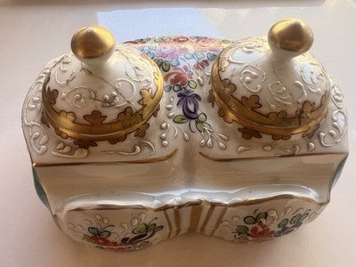 Limoges Encrier Porcelaine Peinte A Main Complet Vintage Fine 1800