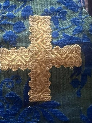 🔴 STOLA LITURGICA cattolica ricamata a mano broccato verde blu Croci XIX/XX sec
