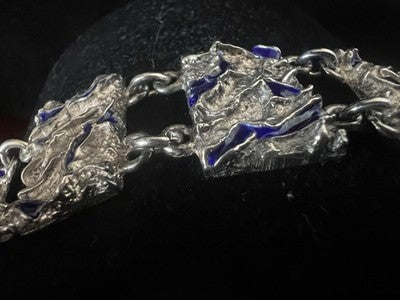 🔴 Bracciale ARGENTO 800 lingotti cesellati smalti blu cobalto Italy vintage