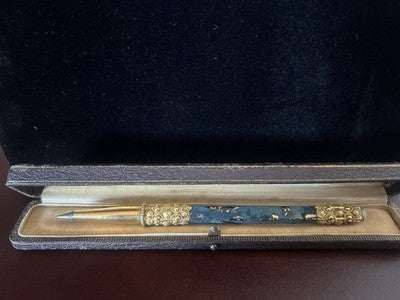 🔴 Penna sfera metallo dorato bassorilievi cabochon turchese astuccio vintage