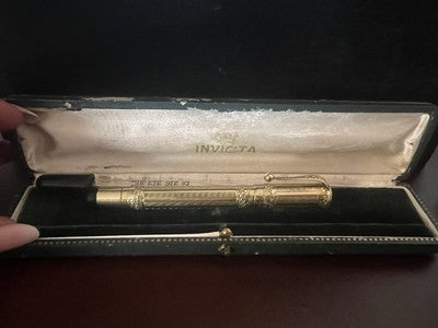 Invicta Fountain Pen Retractable Chiseled Plated Gold Pen 14k Vintage Style