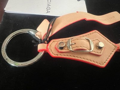 🔴 BALENCIAGA portachiavi pelle naturale bordi arancione fluo scatola garanzia