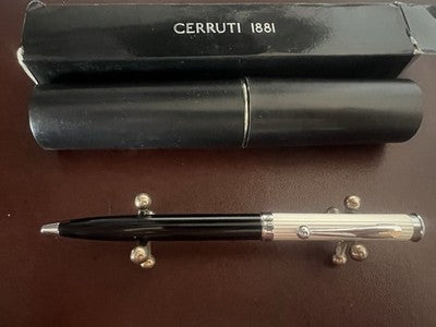 🔴 CERRUTI penna sfera lacca nera profili cromati astuccio contro scatola NOS