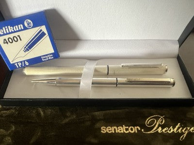 🔴 SENATOR chrome fountain pen and ballpoint pen with case and cartridges 
