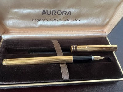 🔴 AURORA penna stilografica Marco Polo ARGENTO 925 MASSICCIO F placcata oro