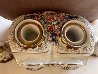 Limoges Encrier Porcelaine Peinte A Main Complet Vintage Fine 1800