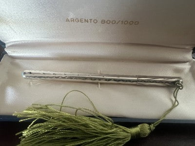 🔴 Penna sfera ARGENTO 800 massiccio corpo guillocchè con turchesi vintage