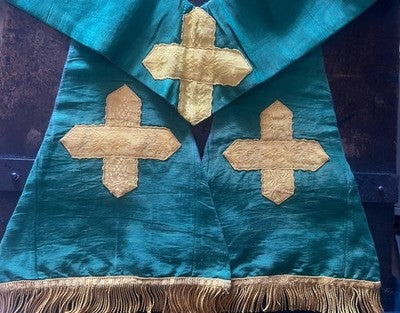 🔴 Stola liturgica cattolica broccato verde con croci dorate XIX/XX secolo