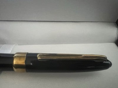 🔴 Penna stilografica celluloide nera pulsante fondo pennino F scrive vintage 40