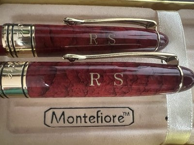 🔴 MONTEFIORE penna a sfera e roller lacca rossa marmorizzata scrivono vintage