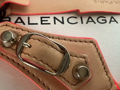 🔴 BALENCIAGA portachiavi pelle naturale bordi arancione fluo scatola garanzia