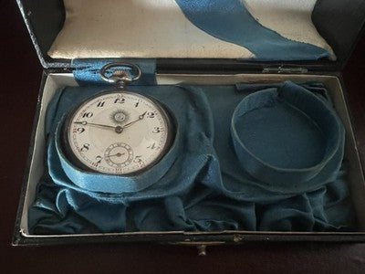 🔴 Scatola orologi tasca box 2 posti scrigno pitone e seta turchese antica 1800