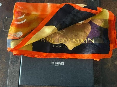 🔴 BALMAIN foulard donna seta 85x88 cm nero con fiori rose con scatola vintage