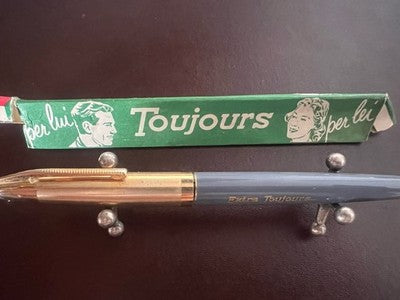 🔴 TOUJOURS penna stilografica grigia lusso pistone cappuccio dorato vintage NOS