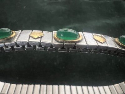 🔴 BRACCIALE elastico acciaio cuori ORO 18 KT radici cabochon smeraldo