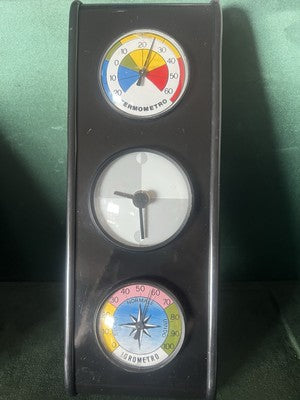 🔴 BRIO TIME Wanduhr mit Barometer und Hygrometer, schwarz, Eisen, Vintage 