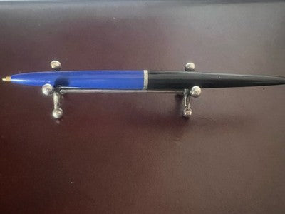 Bic Pen Ball Penholder Blue Black Desk With Ring Chrome Vintage