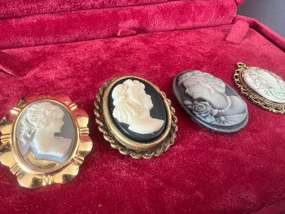 Camées Italiens Collier Pendentif Broche Pierres Naturel 4 Pz Vintage