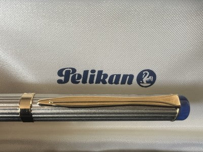 🔴 PELIKAN penna sfera Michelangelo cromata satinata righe e blu scrive vintage