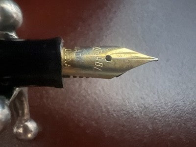 🔴 Penna stilografica celluloide nera pulsante fondo pennino F scrive vintage 40