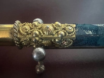 🔴 Penna sfera metallo dorato bassorilievi cabochon turchese astuccio vintage