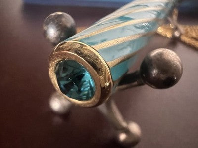 🔴 Penna stilografica collana laccata azzurro spirale dorata con pietra vintage