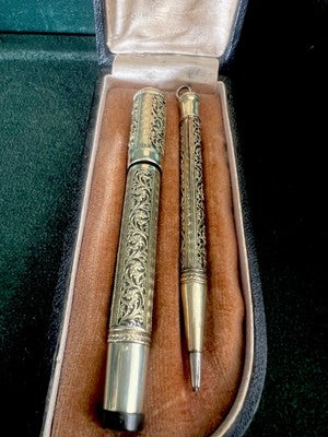 🔴 EUROPA penna stilografica retrattile pennino ORO 14 e matita ricamo vintage