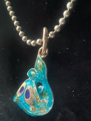 🔴 Collana ARGENTO MASSICCIO 925 con ciondolo pesce smalti azzurri vintage