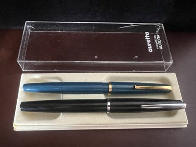 Auretta Füllfederhalter, schwarz-blaue Federn (M) und F, mit Tintenpatronen, Vintage 1970 