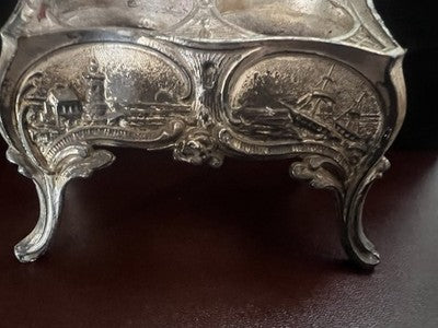 🔴 Porta calamaio metallo a rilievo con scene bucoliche paesaggi marini vintage